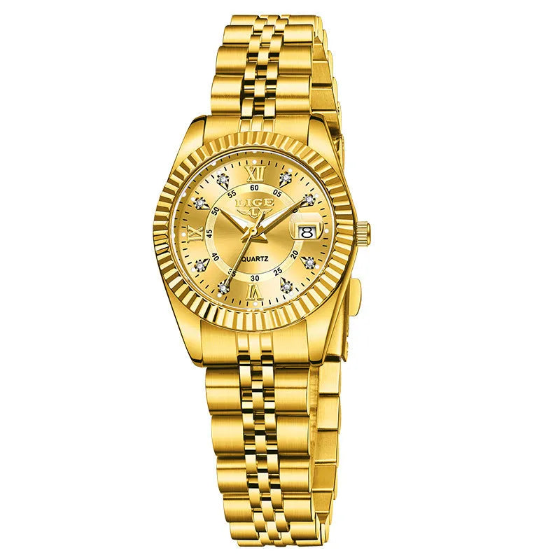 Women's waterproof quartz watch with stainless steel case in gold and silver colour variations