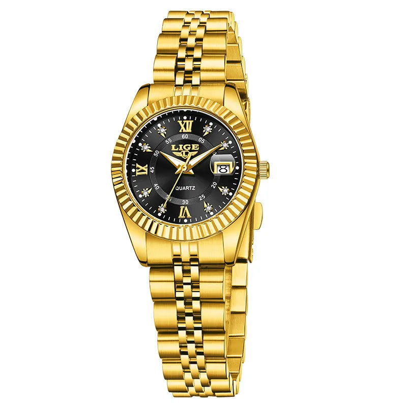 Women's waterproof quartz watch with stainless steel case in gold and silver colour variations