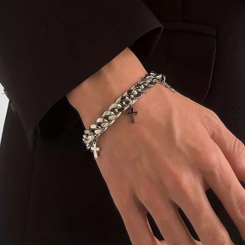 Men's titanium steel bracelet with geometric design featuring cross detail and cold wind styling