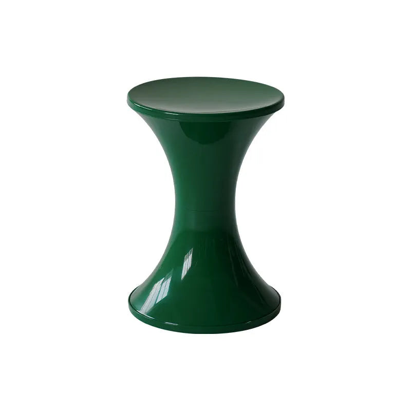 Plastic hourglass-shaped shoe changing stool shown in available colours.