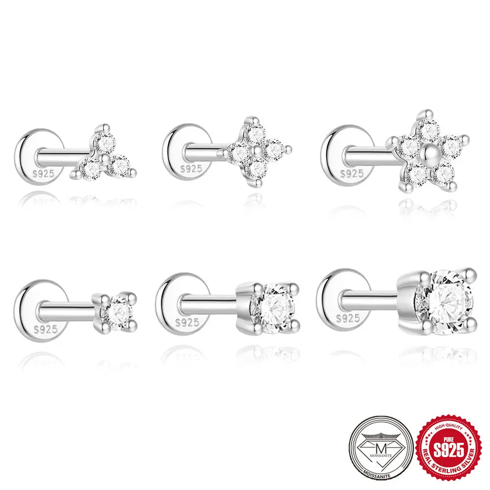 Sterling silver petal diamond stud earrings with geometric debris design and ear clip back