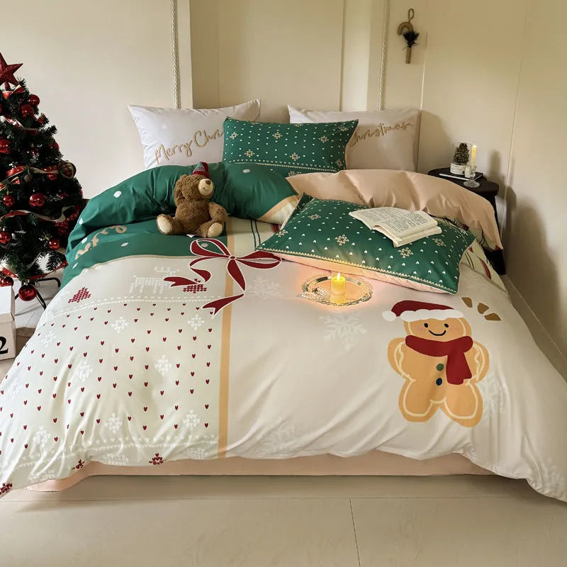 Christmas bedding four-piece set with cartoon print including sheet, quilt cover and pillowcases