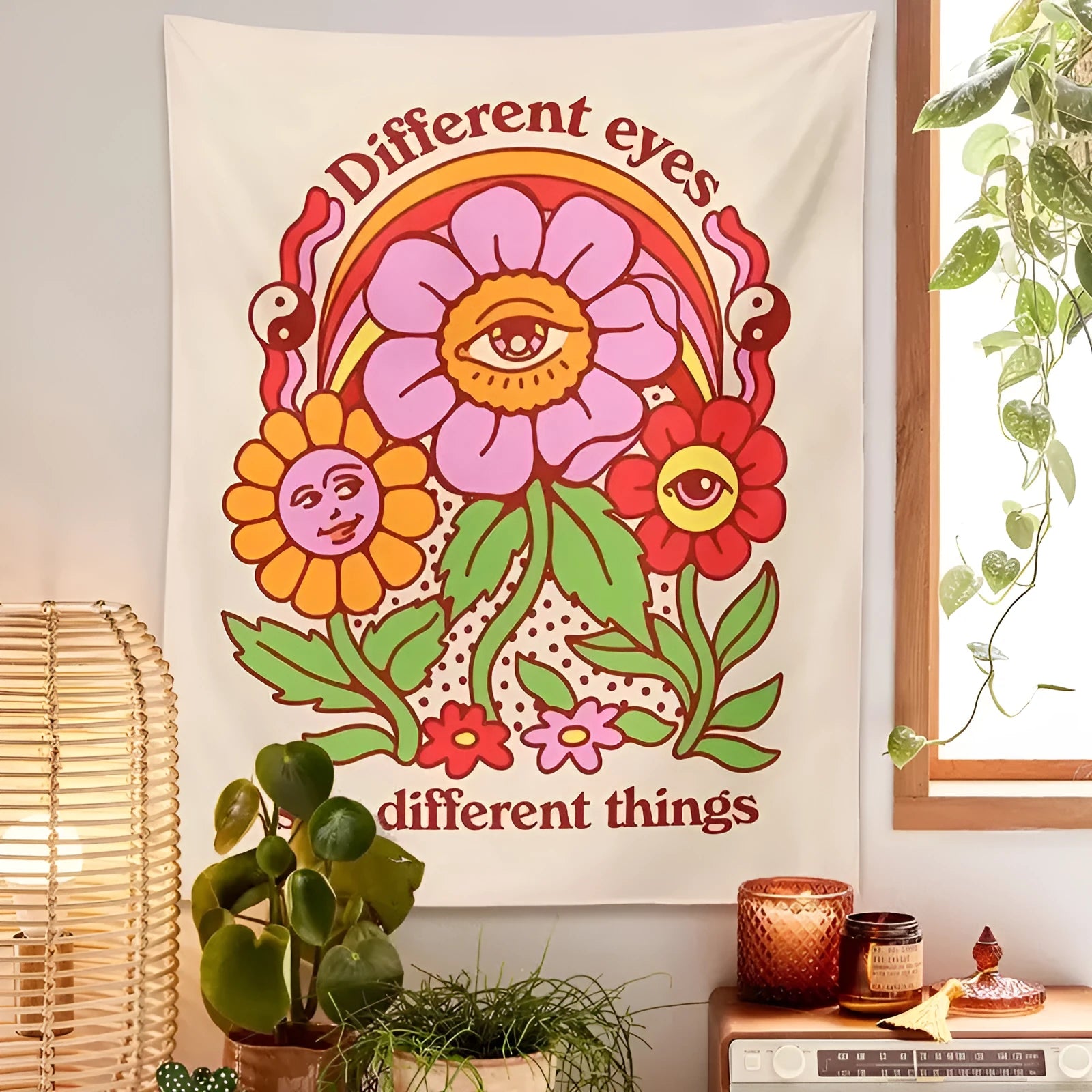 Bohemian floral pattern woven polyester tapestry rectangle wall hanging with Nordic style