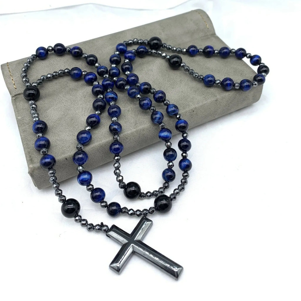 Men's stone geometric cross pendant necklace on an 80cm ball bead chain