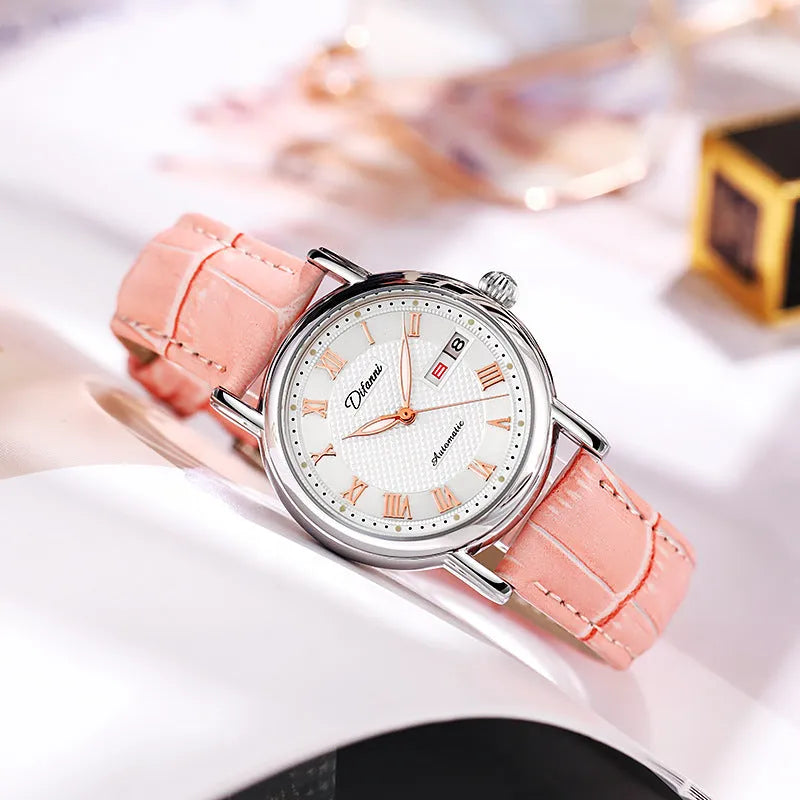 Women's automatic mechanical watch with 12mm thickness showing multiple colour strap and dial options
