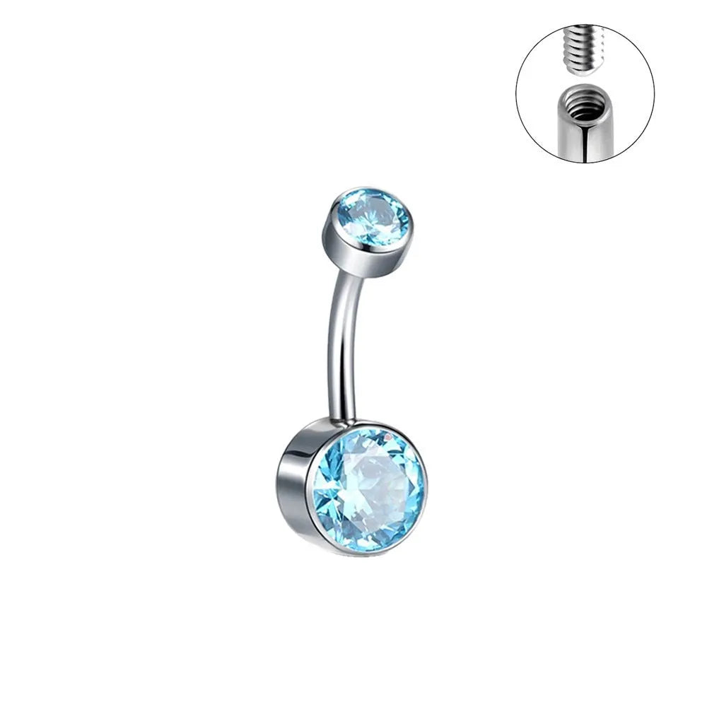 Titanium alloy double-headed zircon navel stud with internal thread closure in multiple sizes