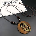Wooden leaf pendant ethnic necklace on wax line chain, adjustable 51-80cm