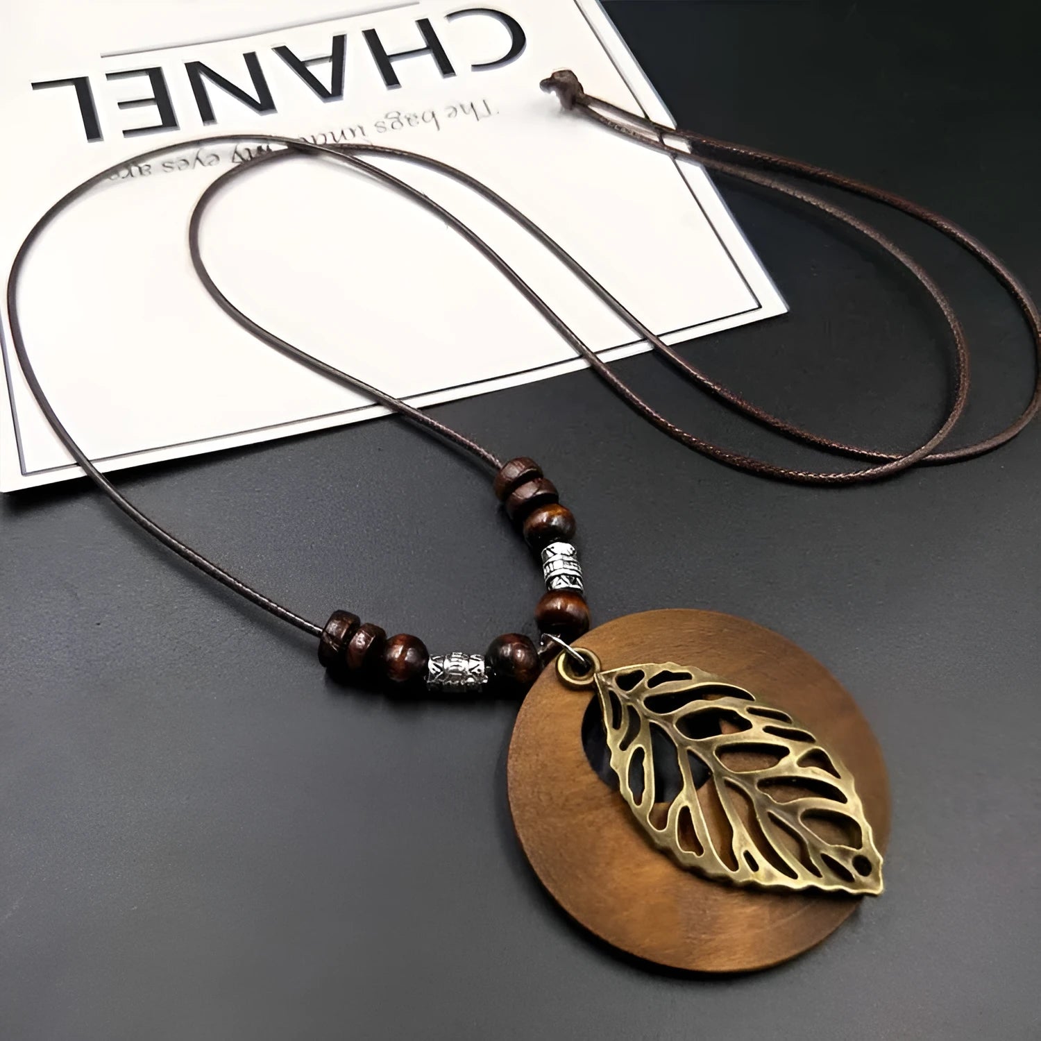 Wooden leaf pendant ethnic necklace on wax line chain, adjustable 51-80cm