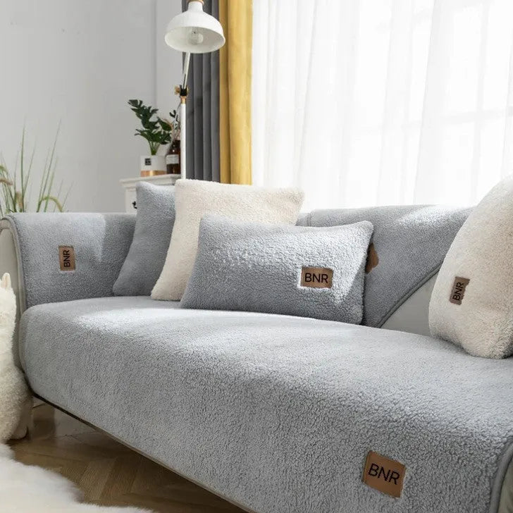 Lambswool machine washable sofa cover in solid colour with stain-resistant fabric