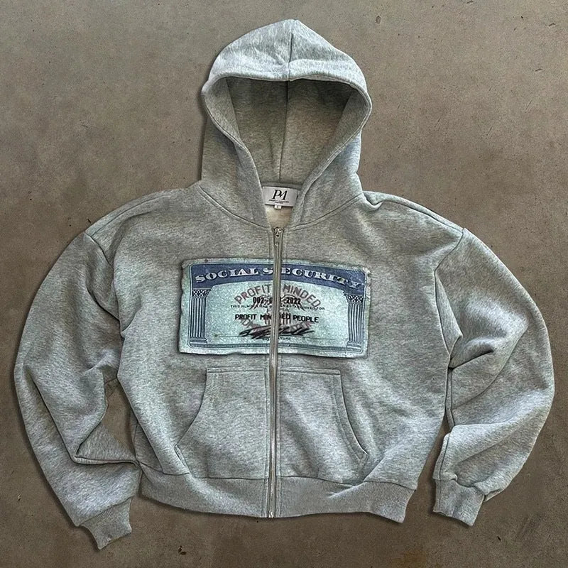 Unisex loose fit polyester hooded zip jacket with letter print and zipper pockets