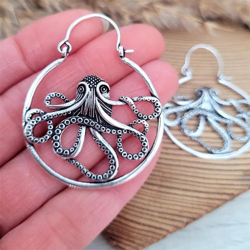 Vintage octopus earrings with antique silver electroplated finish and detailed animal modelling