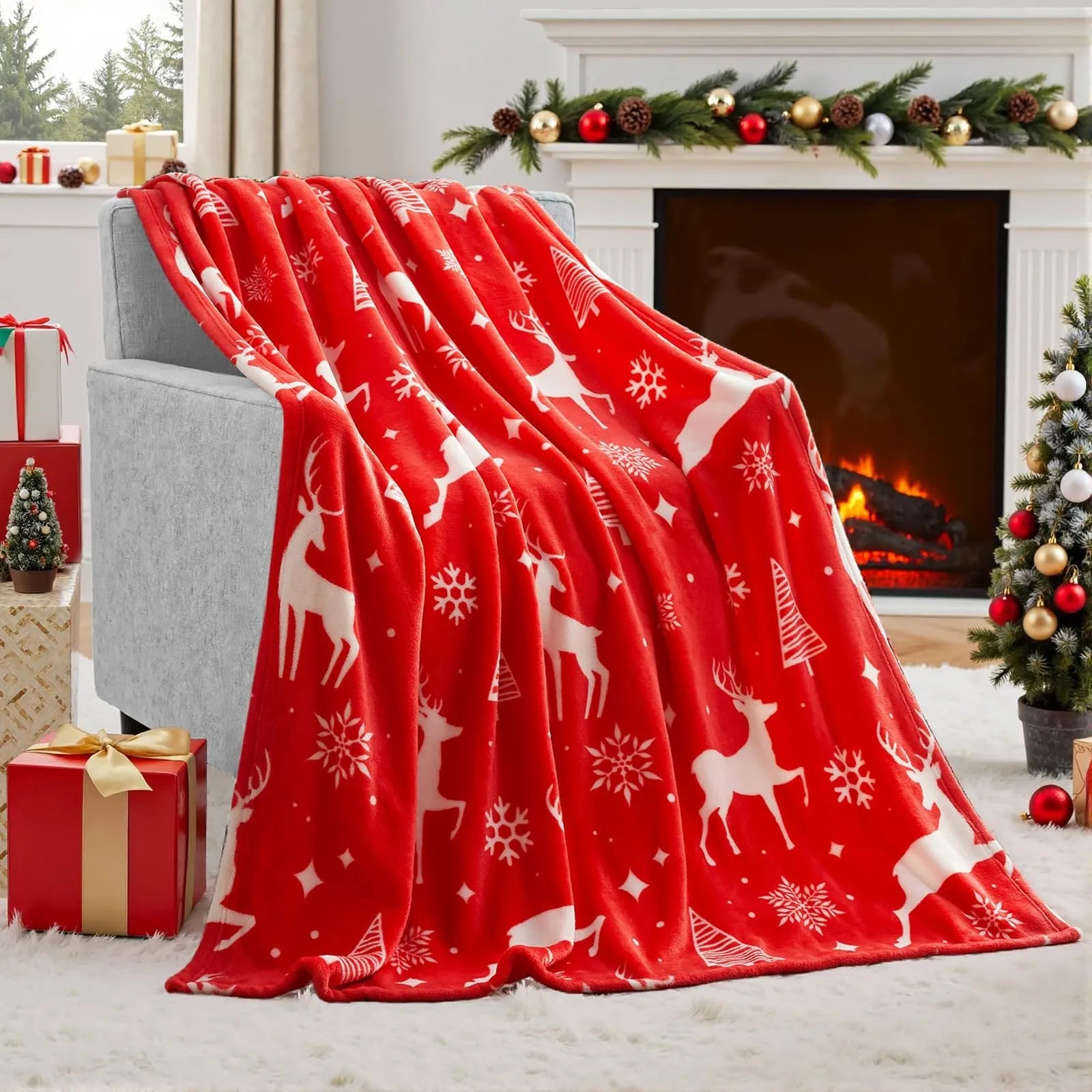 Soft flannel and plush polyester Christmas blanket in multiple size options