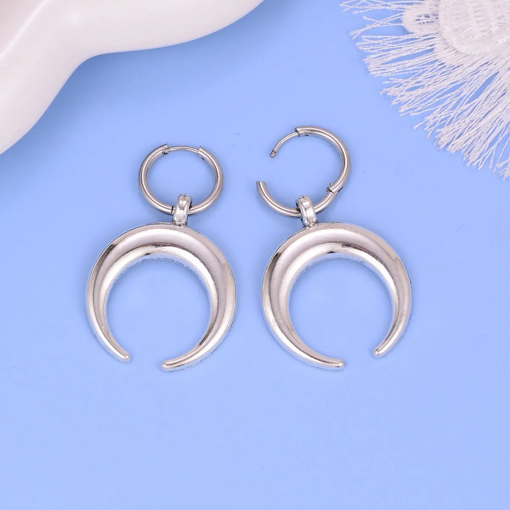Vintage gothic moon big hoop earrings in silver colour with punk style geometric design