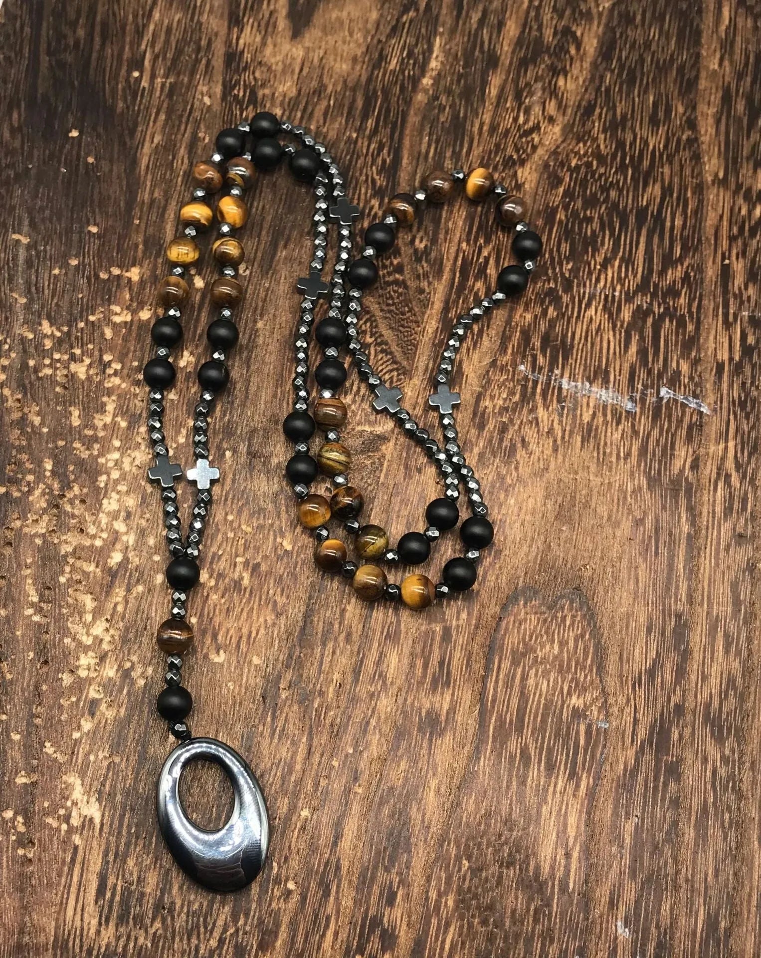 Men's stone geometric cross pendant necklace on an 80cm ball bead chain