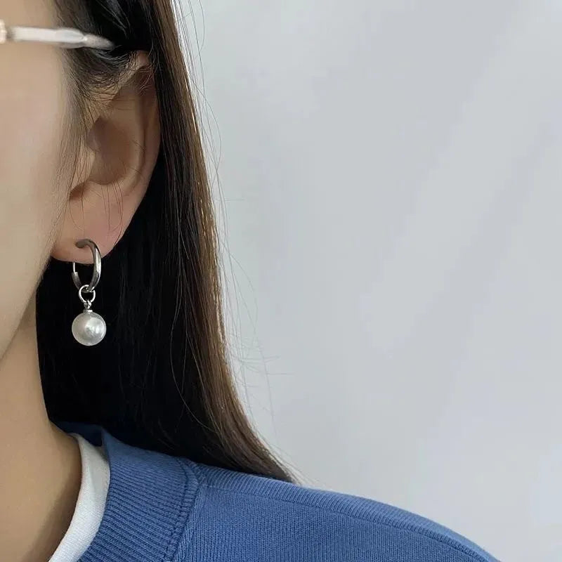 Geometric alloy pearl drop earrings with titanium steel posts and round pearl decorative elements