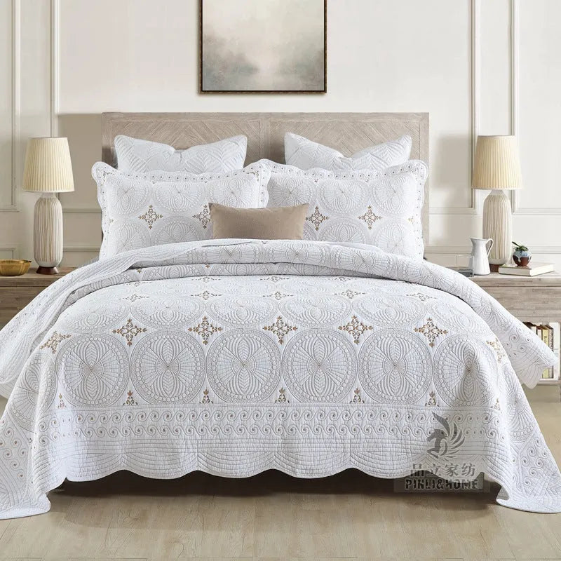 Pure cotton embroidered bed cover three-piece set with pleating details for 1.8 metre beds