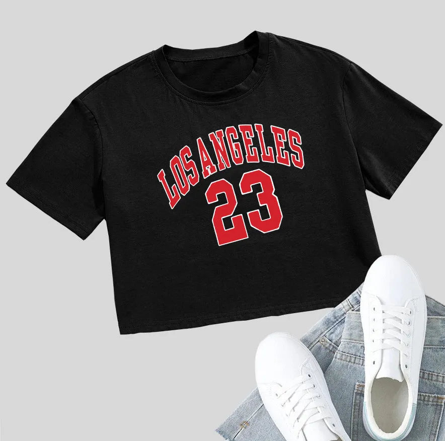 Women's personalised English letters summer t-shirt with exposed navel design in loose cotton fabric