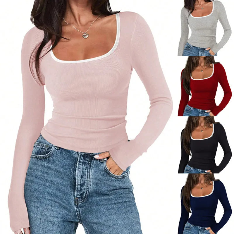 Women's square collar cotton pullover in slim fit with long sleeves in a choice of solid colours.