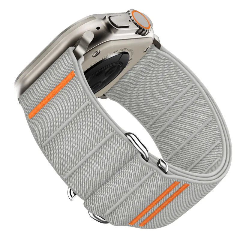 Elastic nylon Apple Watch band with stainless steel buckle in various colour options