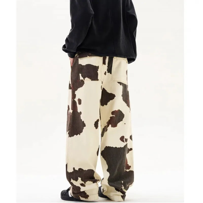 Men's straight-leg trousers with American retro cows pattern in cotton blend fabric