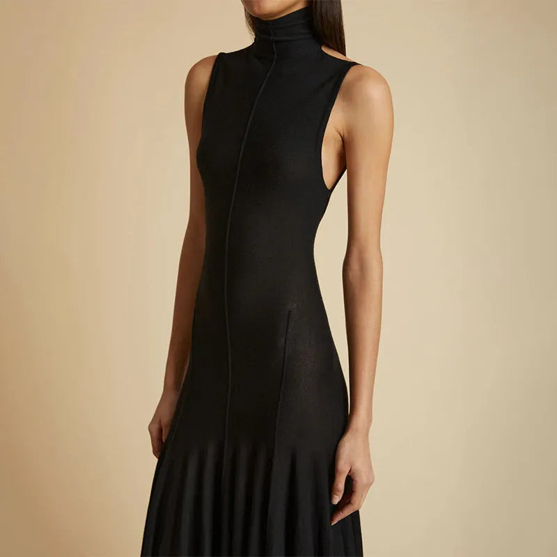 Grey slim-fit backless dress with half turtleneck and sleeveless design for women's evening wear