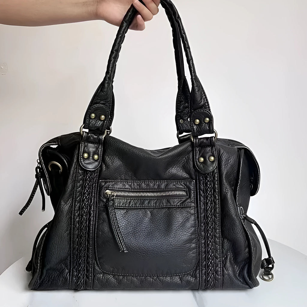 Women's retro motorcycle shoulder messenger bag in soft PU leather with woven design and internal organisation pockets