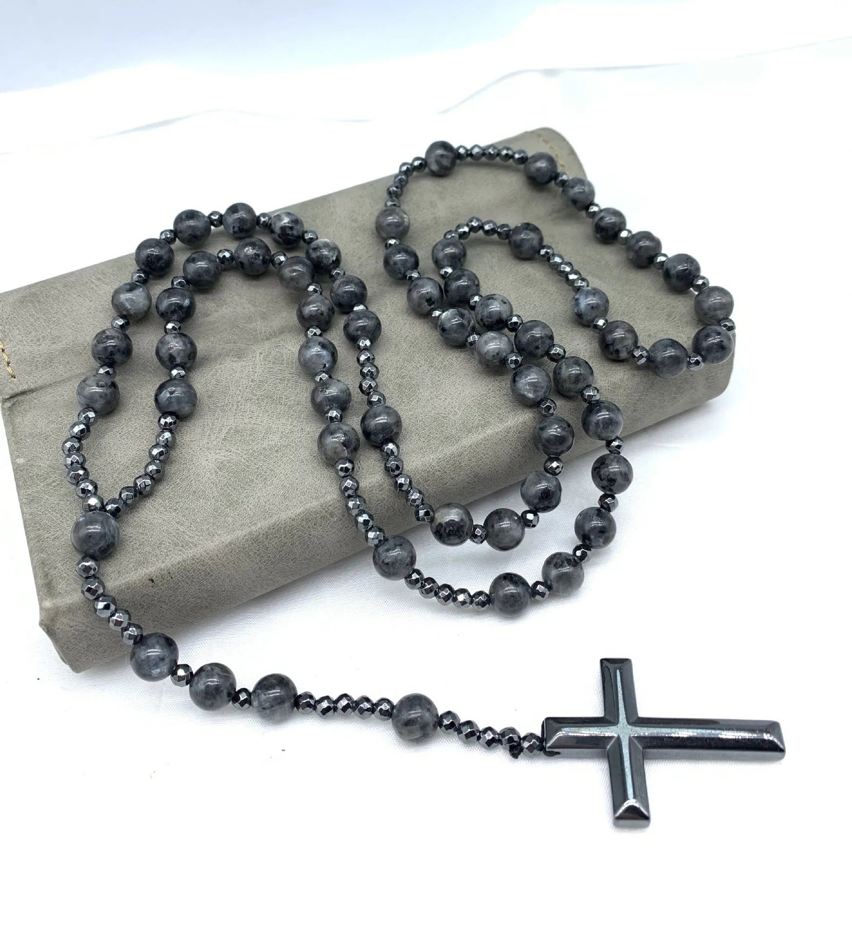Men's stone geometric cross pendant necklace on an 80cm ball bead chain