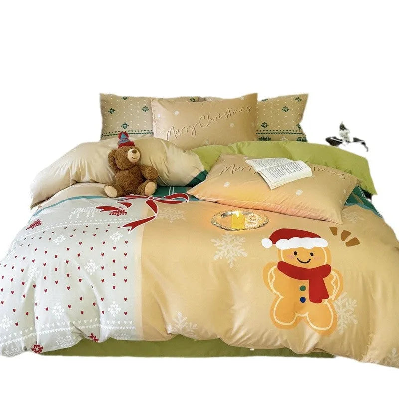Christmas bedding four-piece set with cartoon print including sheet, quilt cover and pillowcases