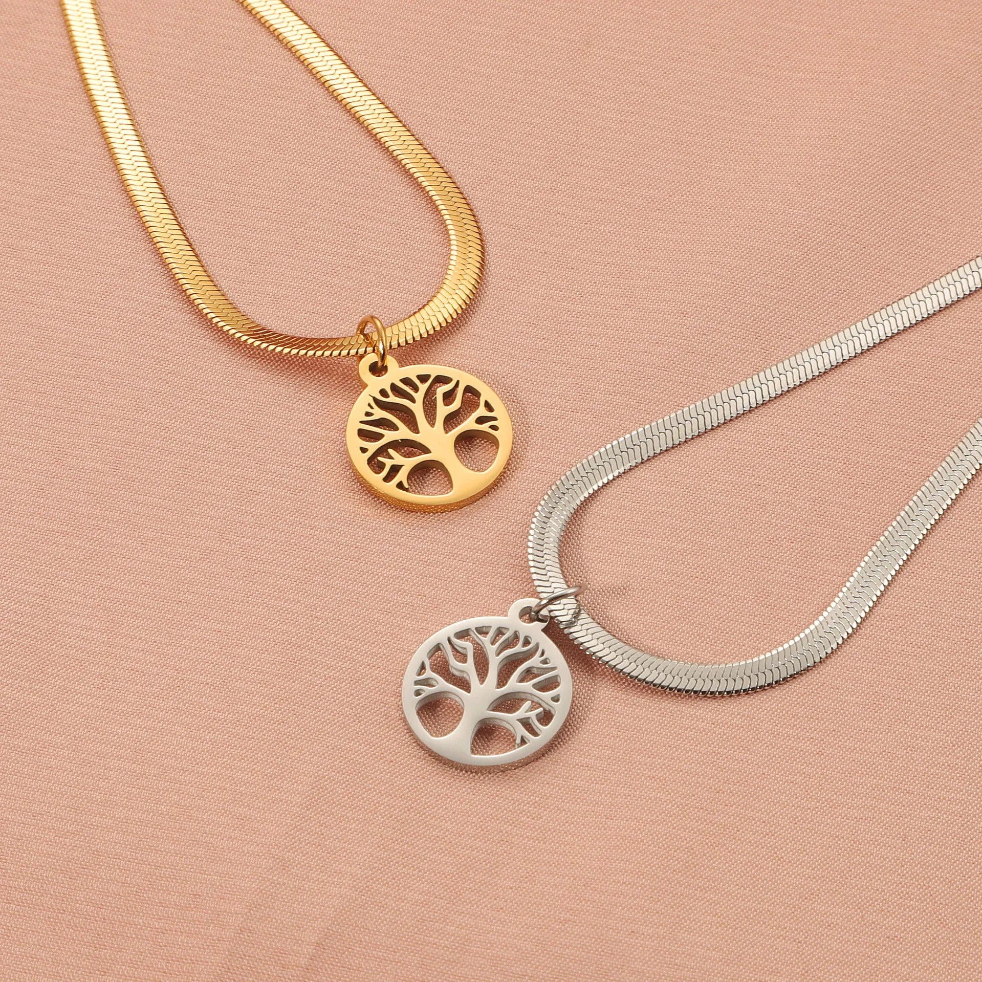 Stainless steel lucky tree pendant necklace on adjustable snake bone chain