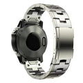 Garmin Jiaming Fenix compatible metal watch strap in black, silver, and titanium colours showing 22mm and 26mm width options