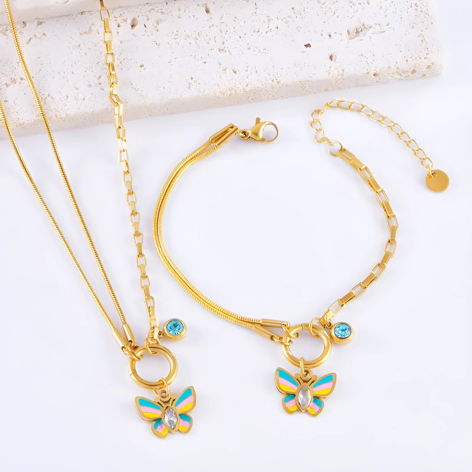 Gold epoxy butterfly necklace and bracelet set with titanium steel construction and zodiac animal pendant