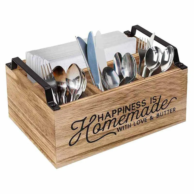 Wooden kitchen cutlery storage box with grid divider in modern minimalist design