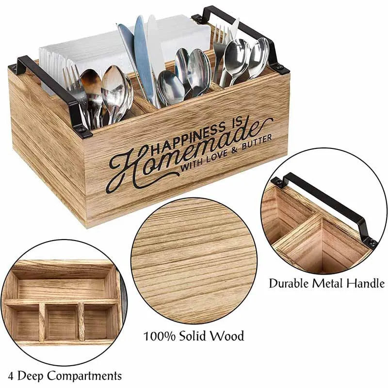 Wooden kitchen cutlery storage box with grid divider in modern minimalist design