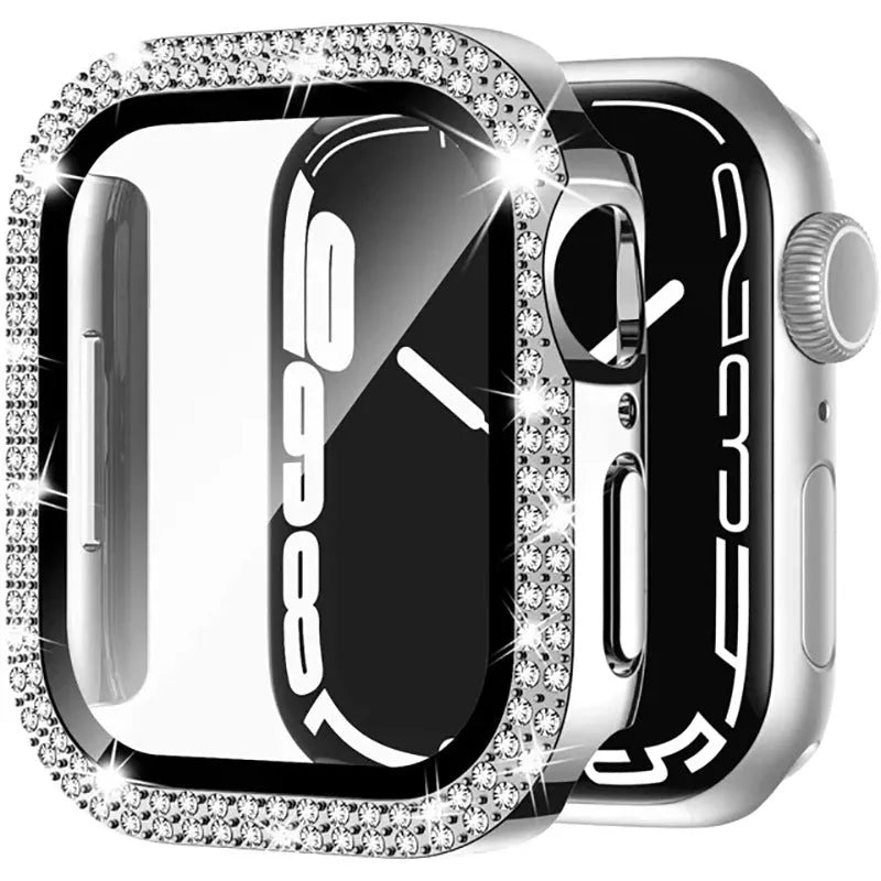 Apple Watch case with double diamond glass in rose pink, gold, and silver colour options on a table.