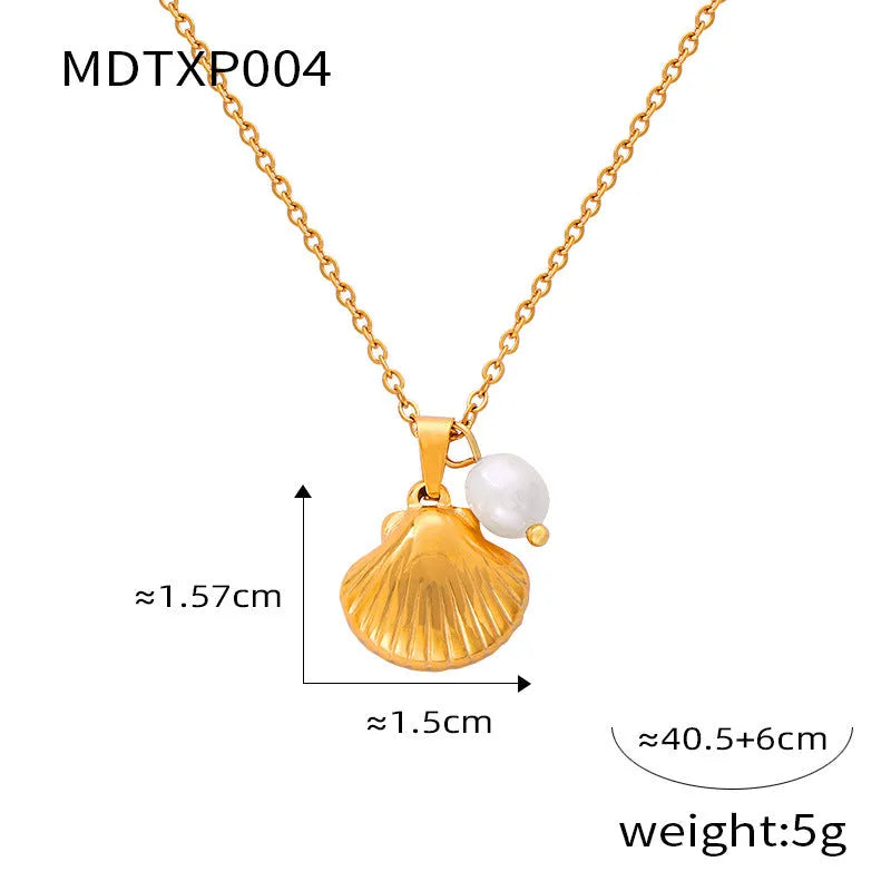 Gold titanium steel women's necklace featuring a French vintage shell pendant with freshwater pearl beads on an O-chain.