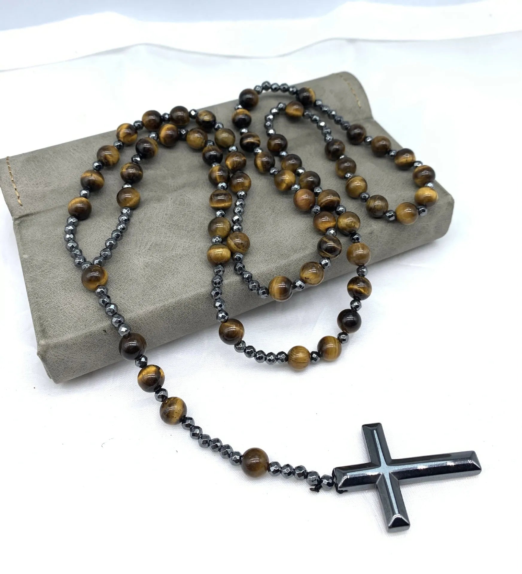Men's stone geometric cross pendant necklace on an 80cm ball bead chain