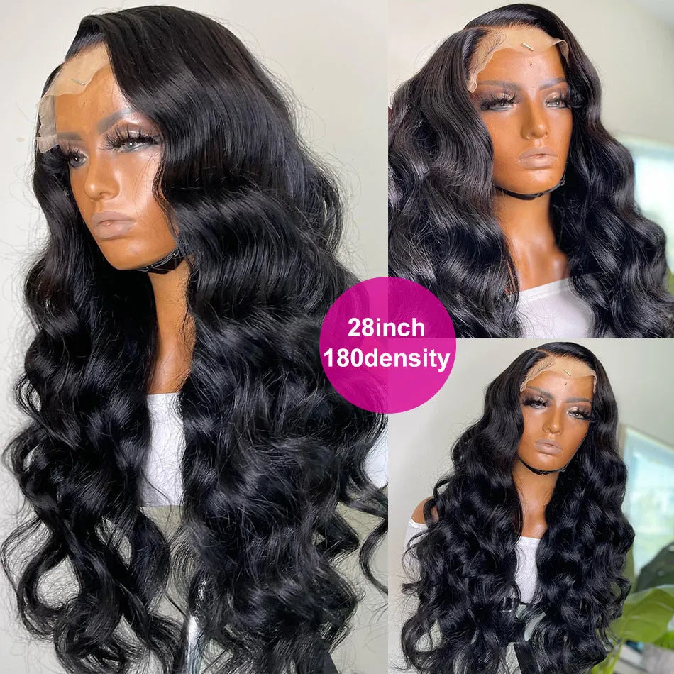 Black long curly synthetic wig with front lace and side bangs on a wig stand.