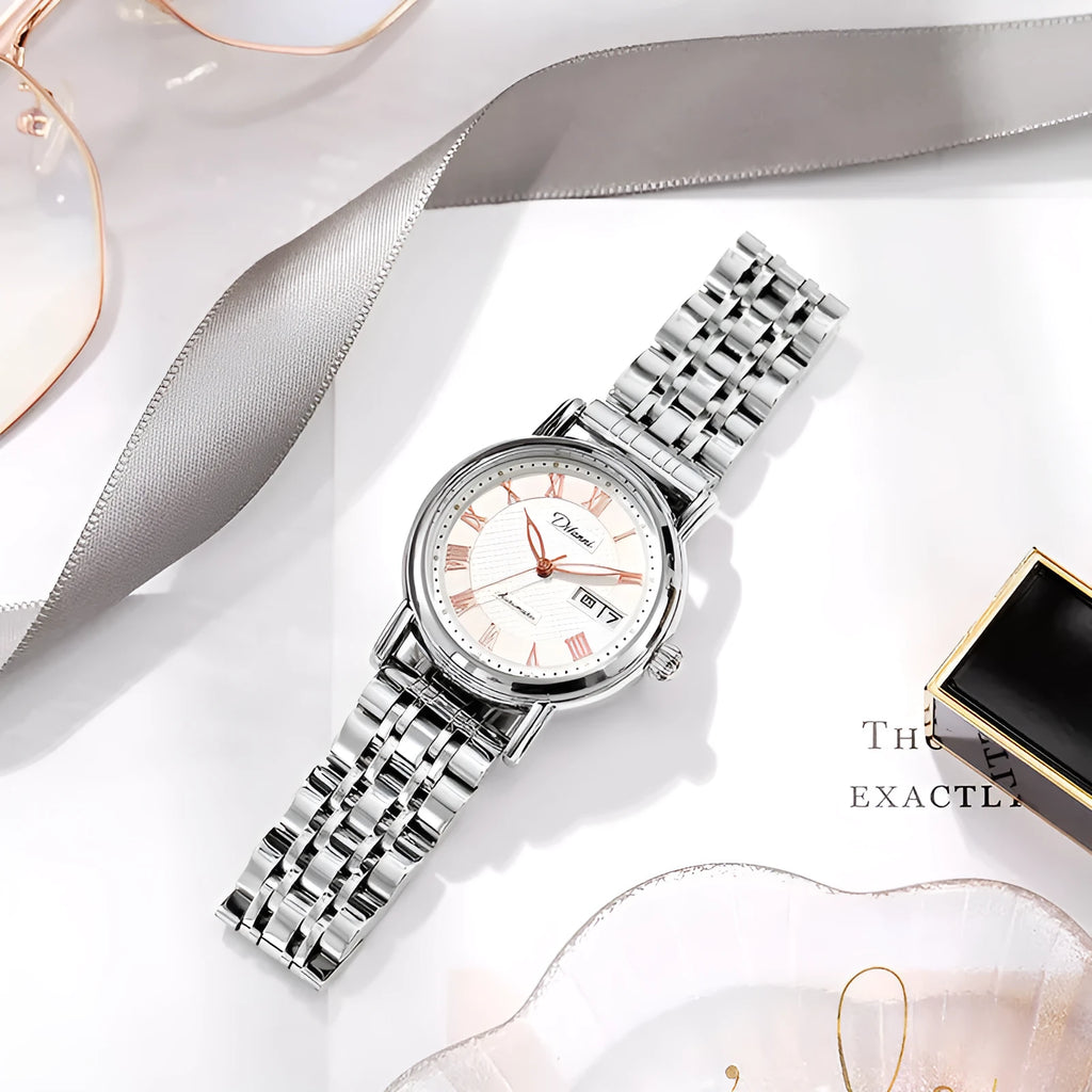 Women's automatic mechanical watch with 12mm thickness showing multiple colour strap and dial options