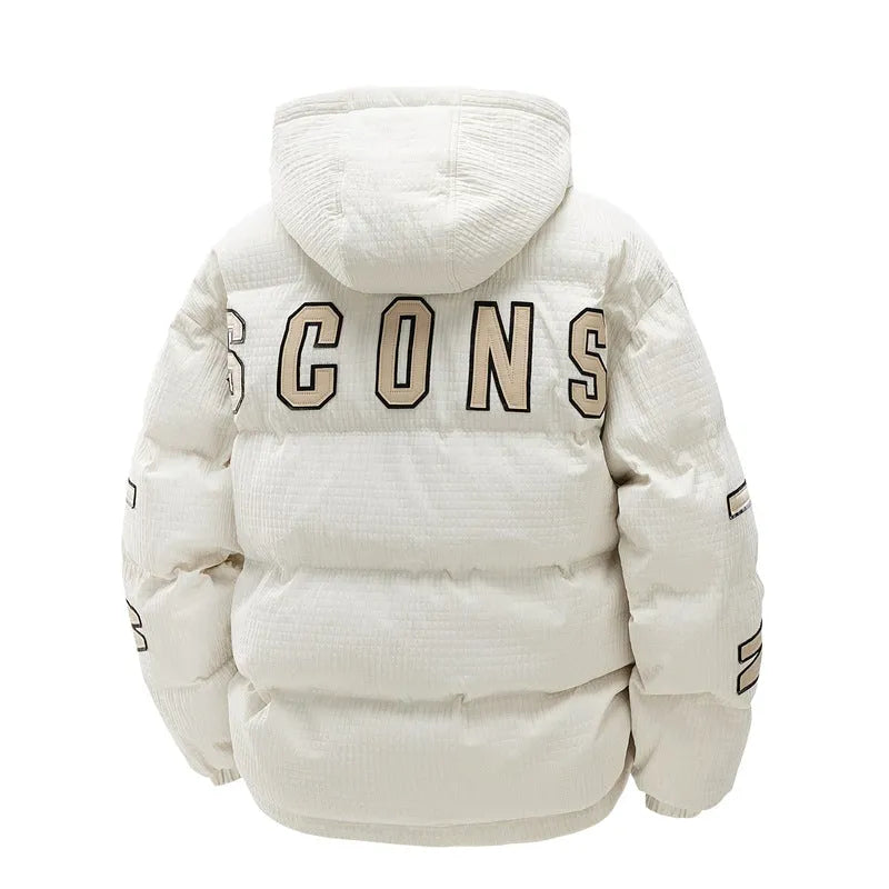Men's black hooded winter coat with letter-print design and side pockets in Korean cardigan style