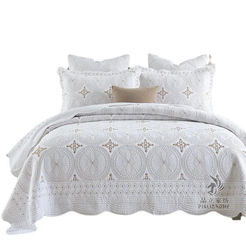 Pure cotton embroidered bed cover three-piece set with pleating details for 1.8 metre beds