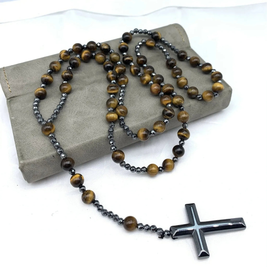 Men's stone geometric cross pendant necklace on an 80cm ball bead chain
