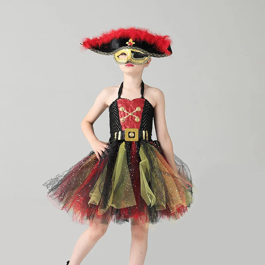 Girls Pirates of the Caribbean costume dress with sequins and gauze mesh detailing, sleeveless design