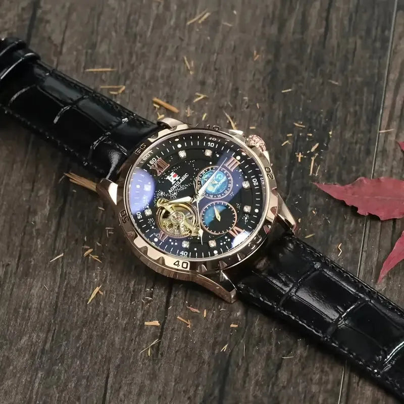 Large dial hollow automatic mechanical watch with rose gold shell black surface and genuine leather strap