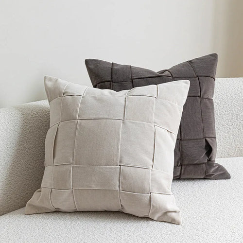 Square 50x50cm chenille woven pillow cushion on a sofa in a choice of seven colours.