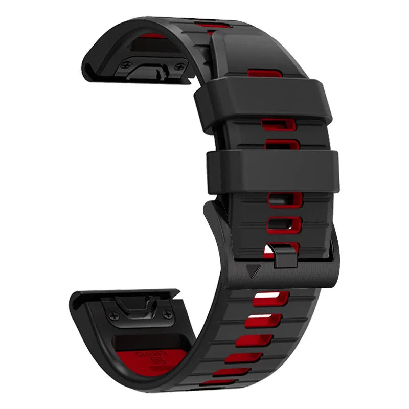 Fenix87pro6 two-colour quick release silicone watch strap in black and red on a grey background