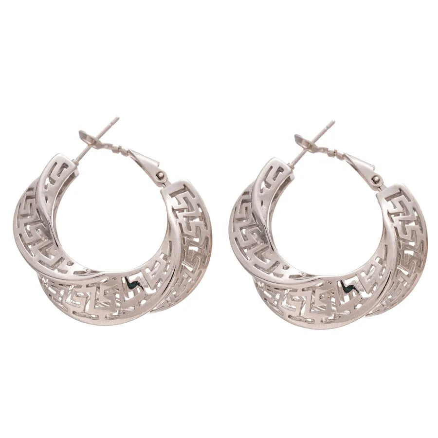 Women's geometric twisted round hollow stud earrings in silver needle-gold or silver needle-silver finish