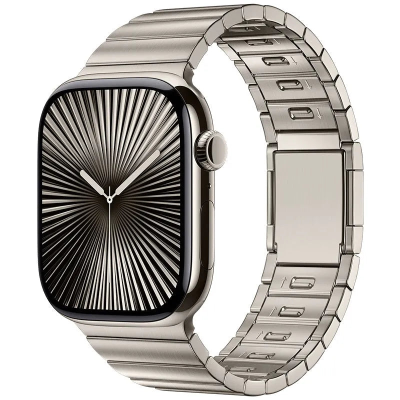 Stainless steel Apple Watch strap with magnetic buckle in silver colour showing business style design