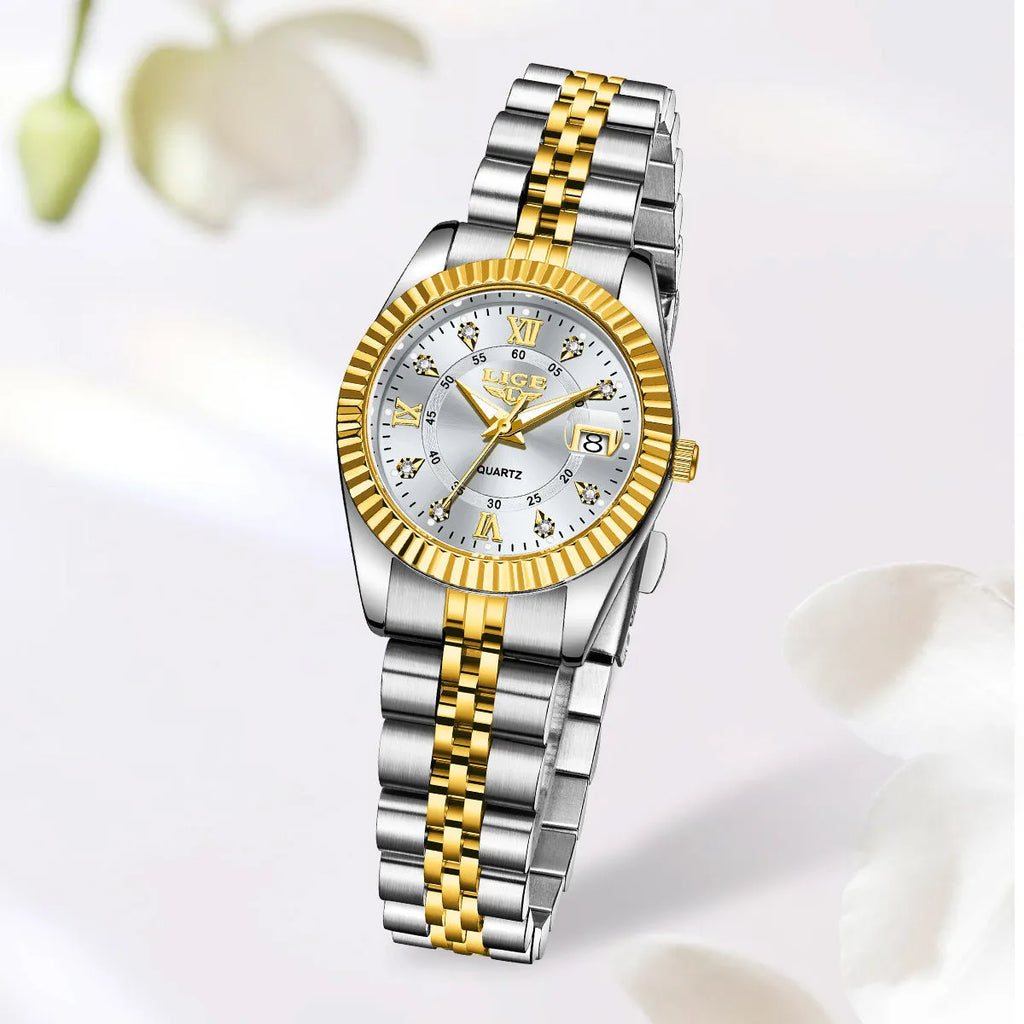 Women's waterproof quartz watch with stainless steel case in gold and silver colour variations