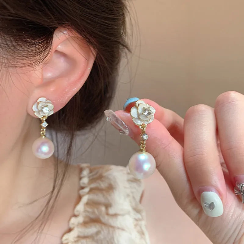 Camellia flower stud earrings for women with alloy blossom design