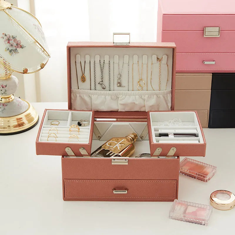 Hard case PU leather jewelry storage box in black, pink, rose gold, or beige